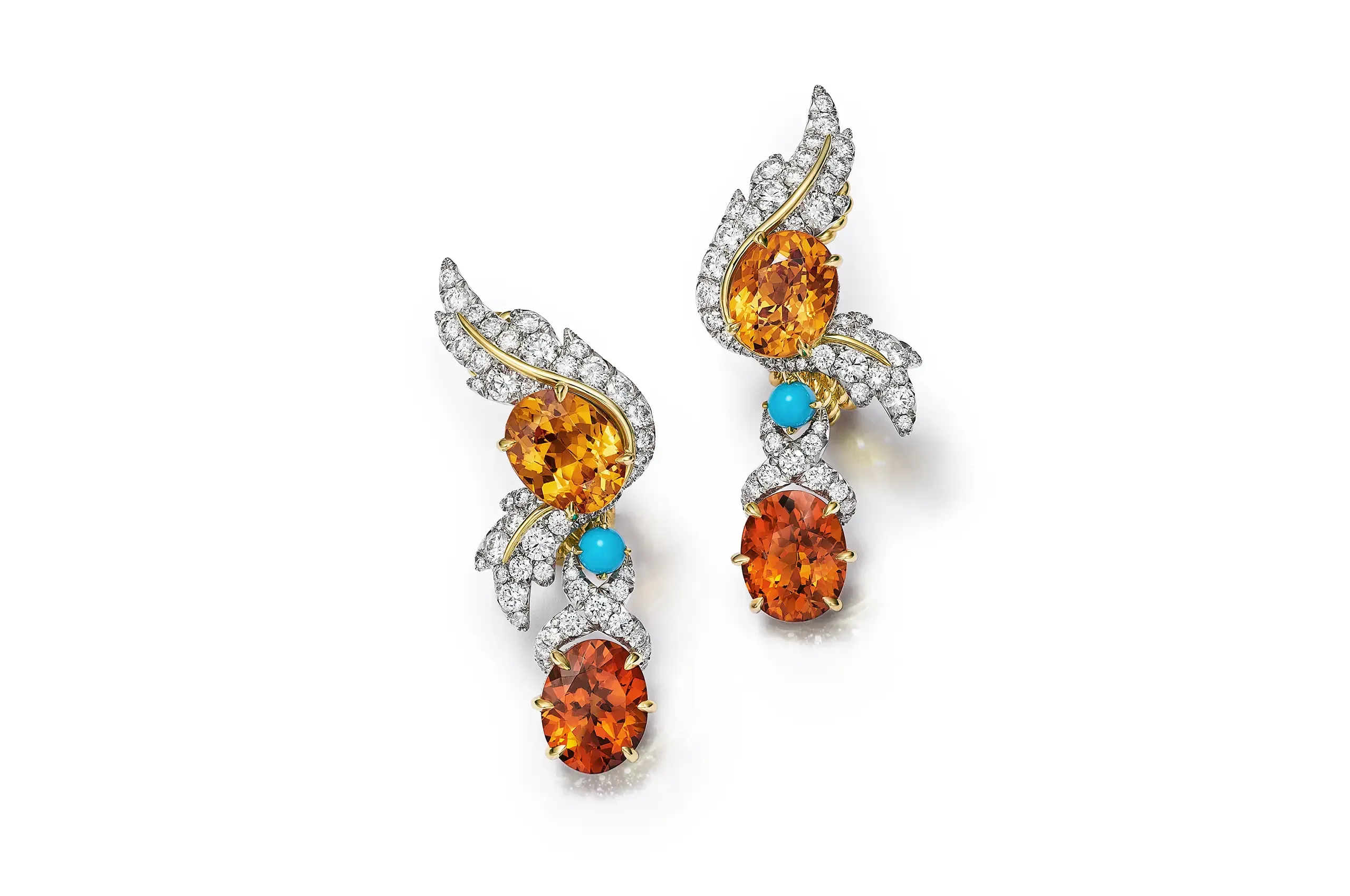 Tiffany & Co. Hanging Fruit earrings with 16.08 carats of unenhanced oval spessartines, cabochon turquoise and diamonds