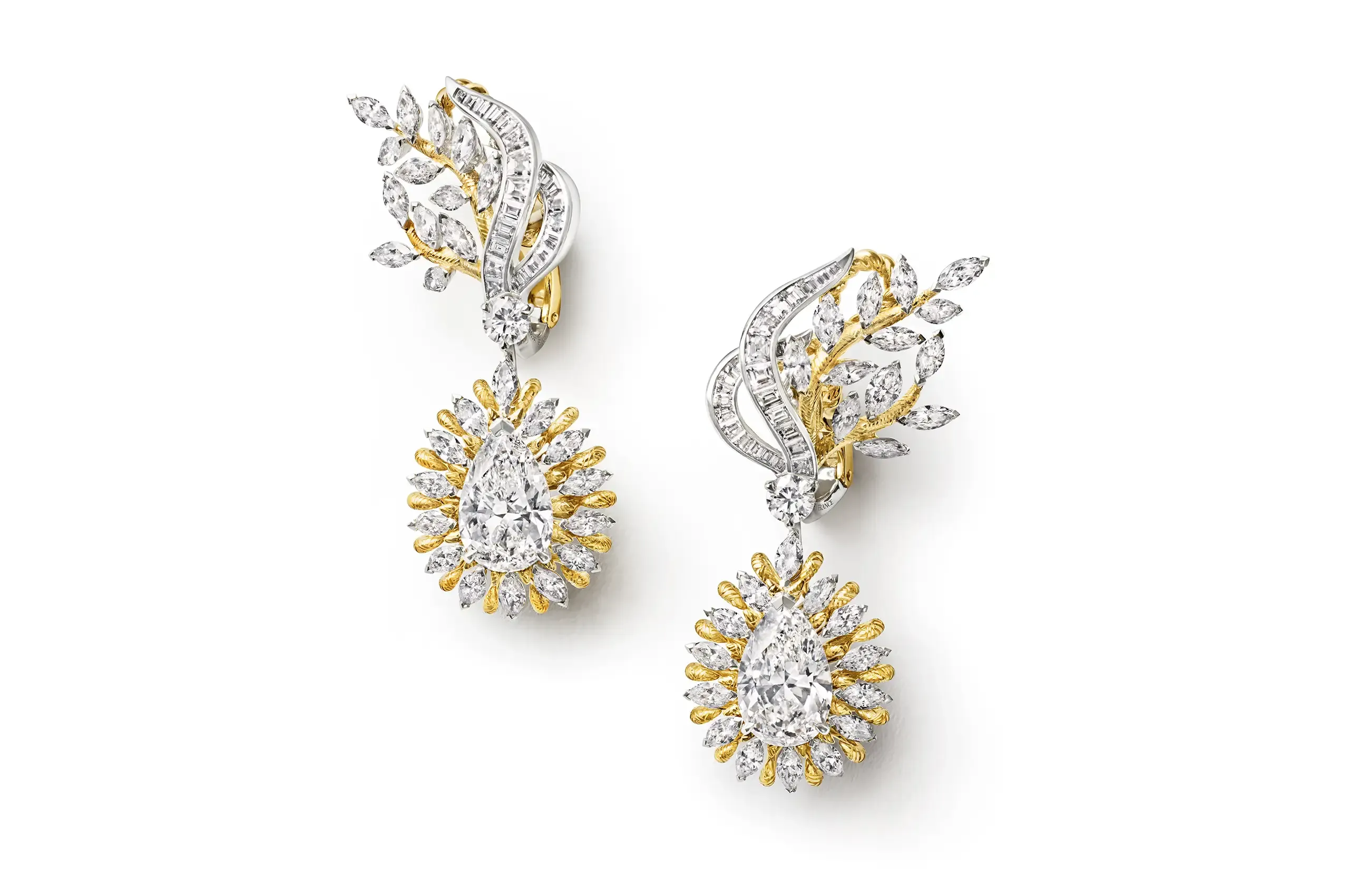 Tiffany & Co. Blue Book Vine earrings in platinum and 18k yellow gold with two pear-shaped diamonds of 5.62 total carats, marquise and round diamond accents