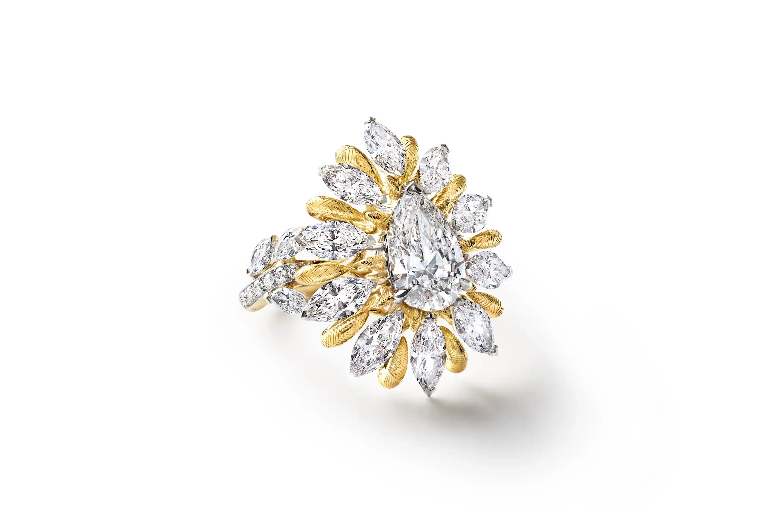 Tiffany & Co. Blue Book Vine ring in platinum and 18k yellow gold with a 2.08ct pear-shaped diamond and marquise and round diamond accents