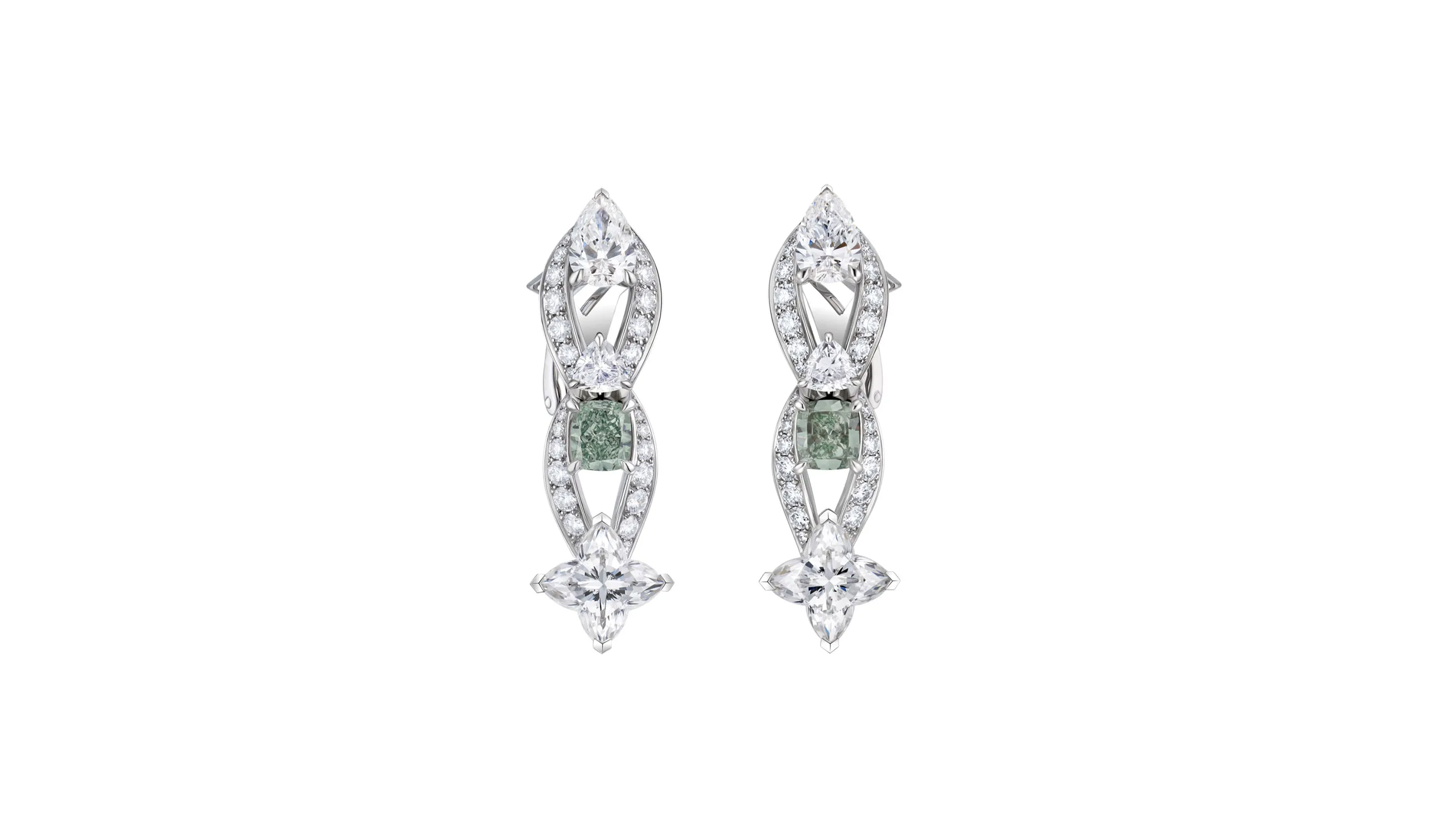 <p>Victory high jewellery earrings, set with greenish blue pink diamonds</p>
