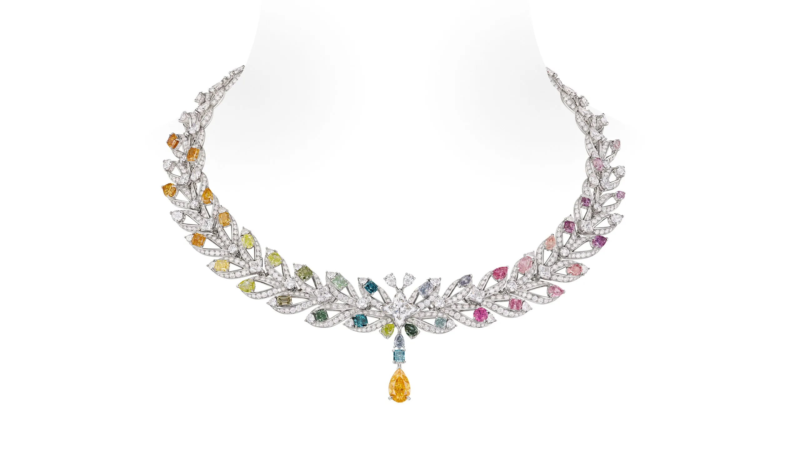 <p>The Victory necklace bursts with 37 coloured diamonds, including oranges, yellows, greens, blues, purples and pinks, totalling 19.71ct</p>
