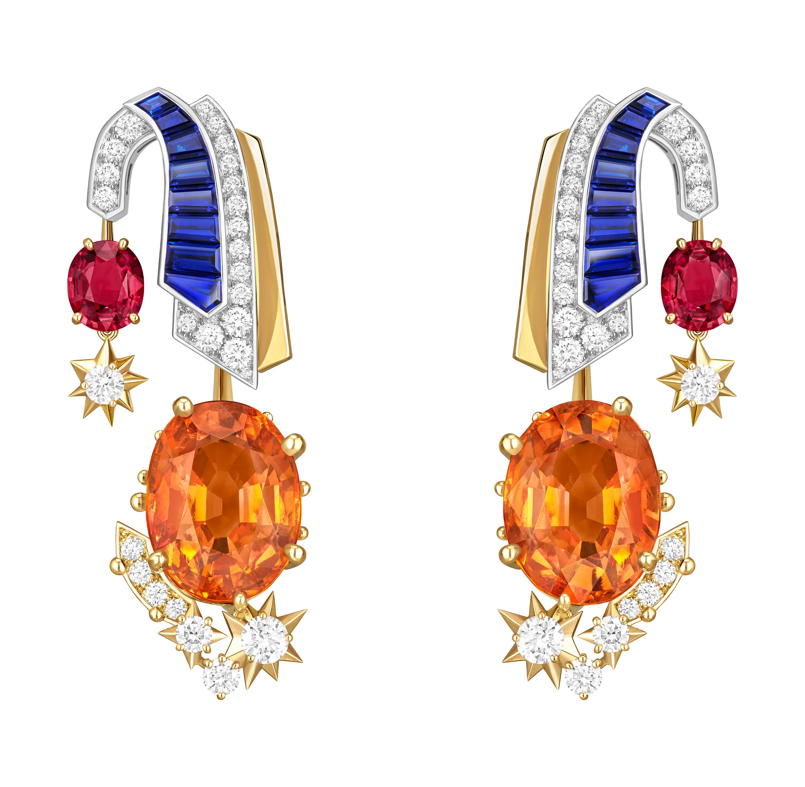 Van Cleef & Arpels Fascinating Egypt earrings. A rhythmic arrangement of diamonds and sapphires creates a striking sense of balance, with geometric forms lending the design a refined graphic elegance.