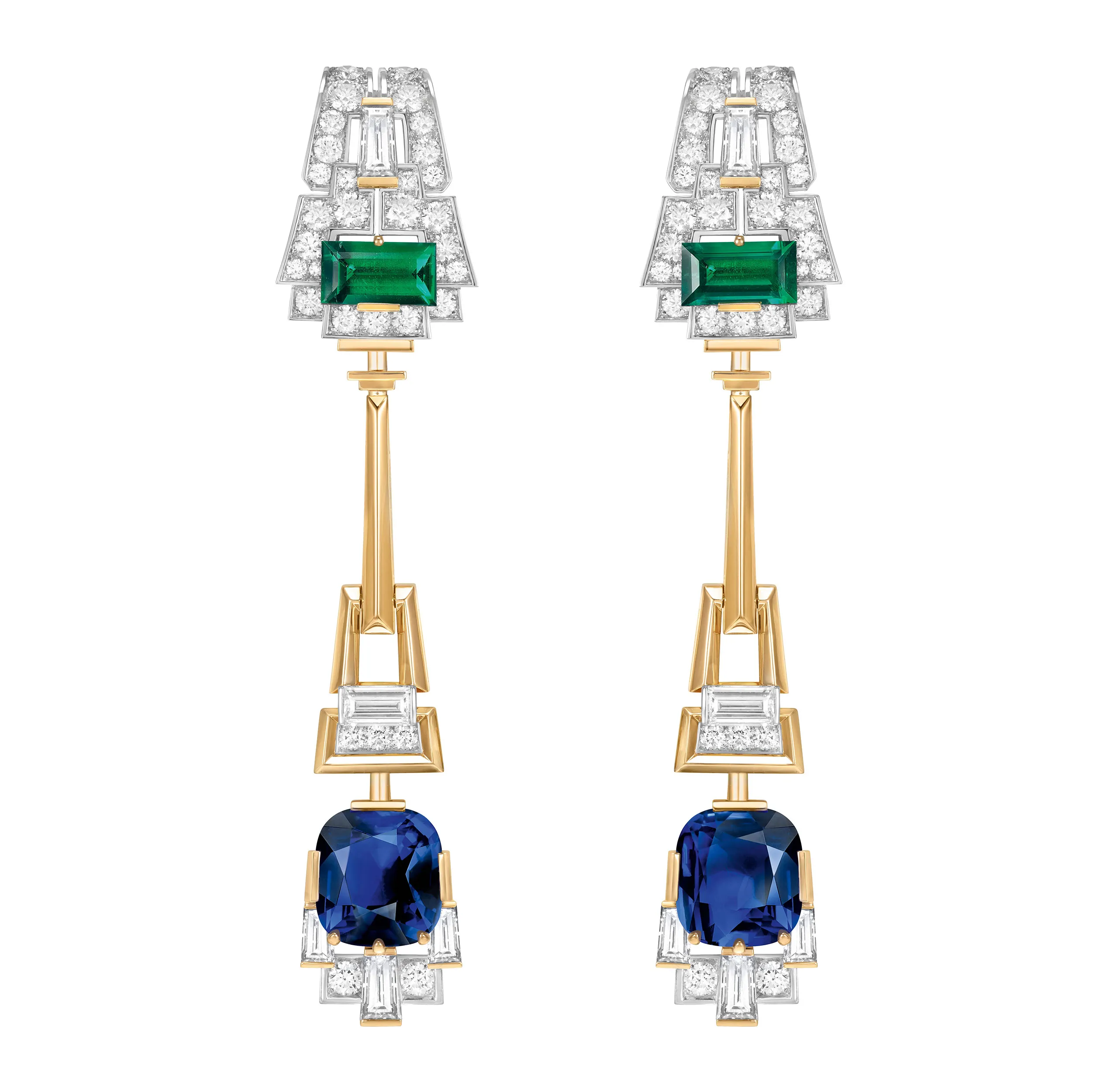 Van Cleef & Arpels Fascinating Egypt earrings. Layered architectural forms unfold in a totemic silhouette, where diamonds, emeralds and sapphires create a refined dialogue between colour, symmetry and scale.