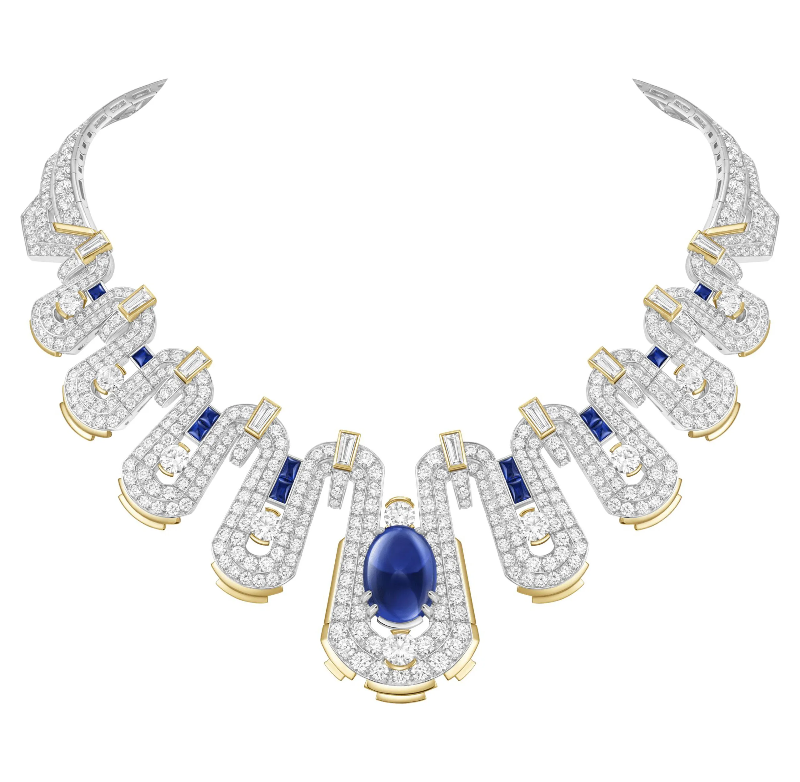 A sculptural necklace composed of undulating, coiling motifs set with diamonds and accented by sapphires, balancing architectural elements with fluid movement.
