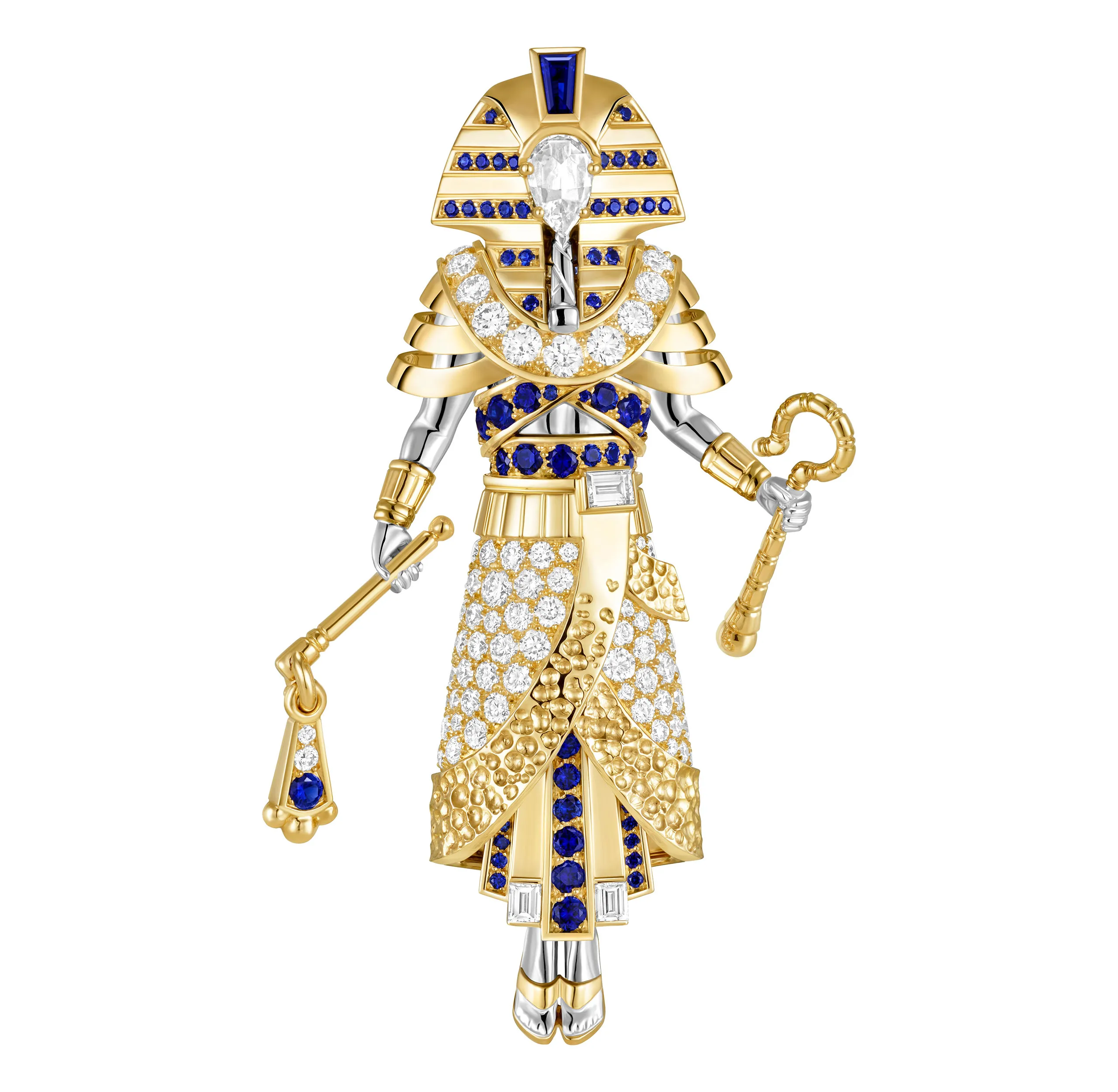 Van Cleef & Arpels Fascinating Egypt Pharaon brooch in 18k yellow and white gold with diamonds and sapphires.