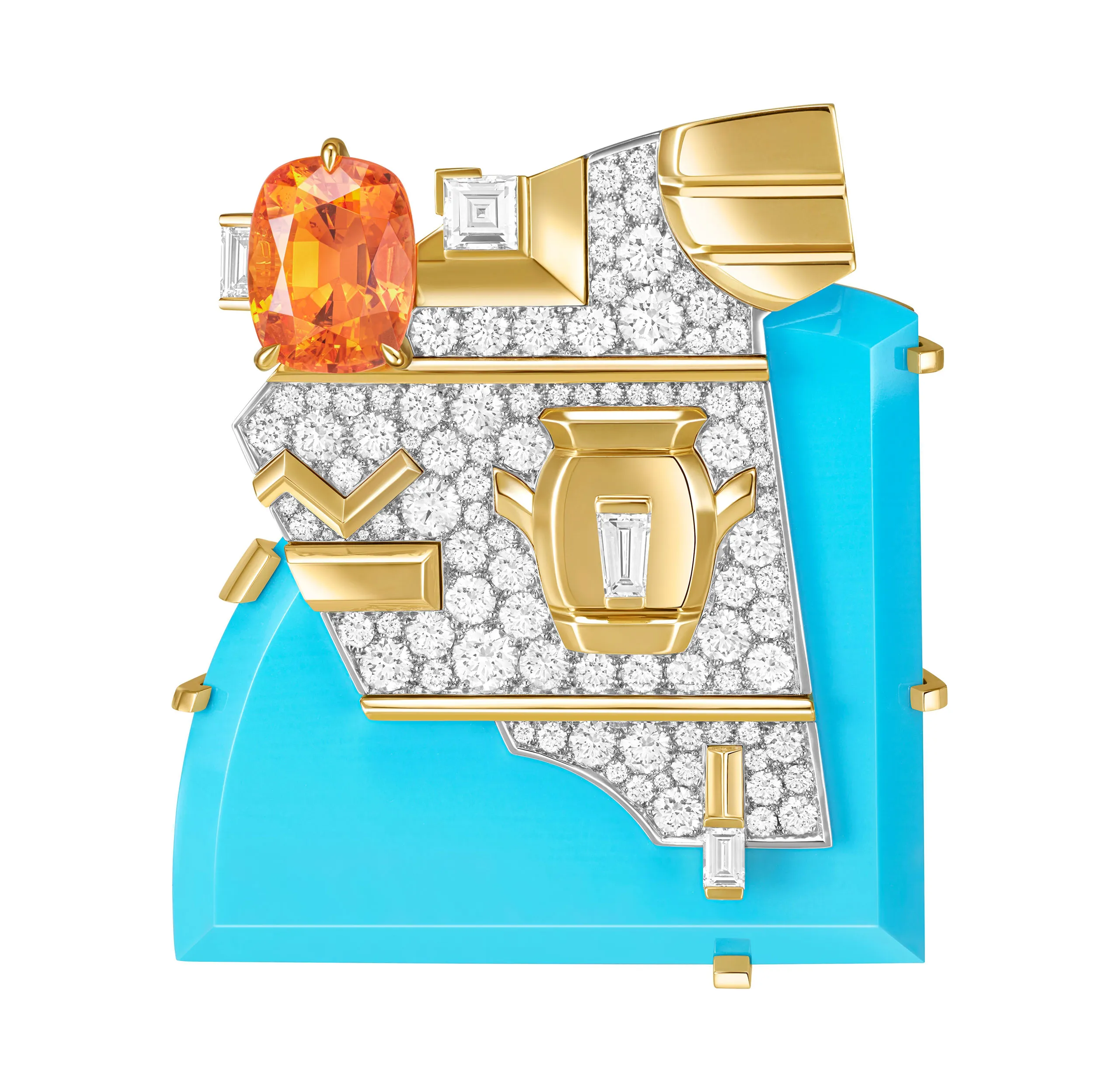 Van Cleef & Arpels Fascinating Egypt brooch in 18k yellow and white gold with turquoise, diamonds and an orange sapphire.
