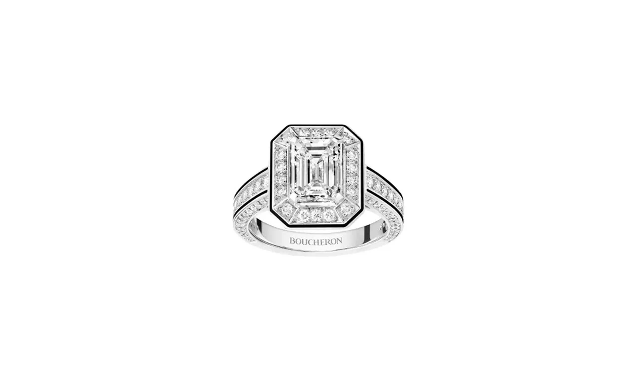 <p>Reinsve also wore this Boucheron Vendôme Liseré solitaire ring, set with a two-carat emerald-cut diamond</p>