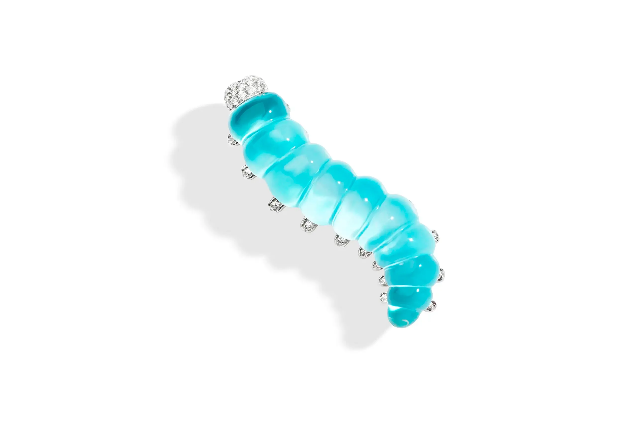 Bruco brooch in white gold, diamonds, turquoise and rock crystal.