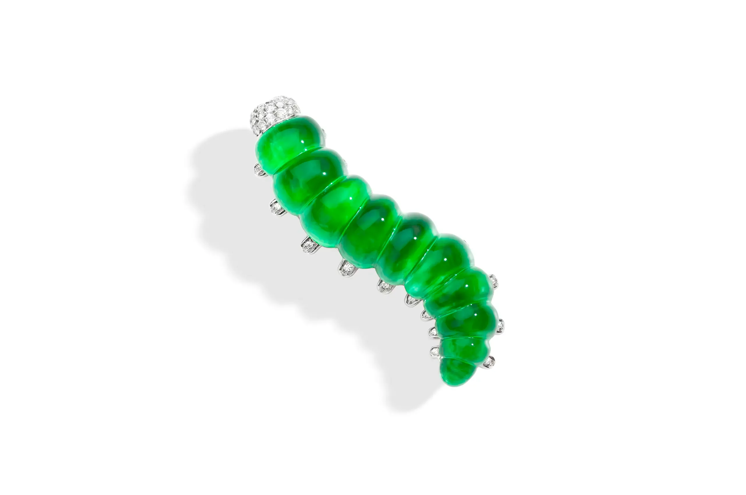 Bruco brooch in white gold, diamonds, jade and rock crystal.