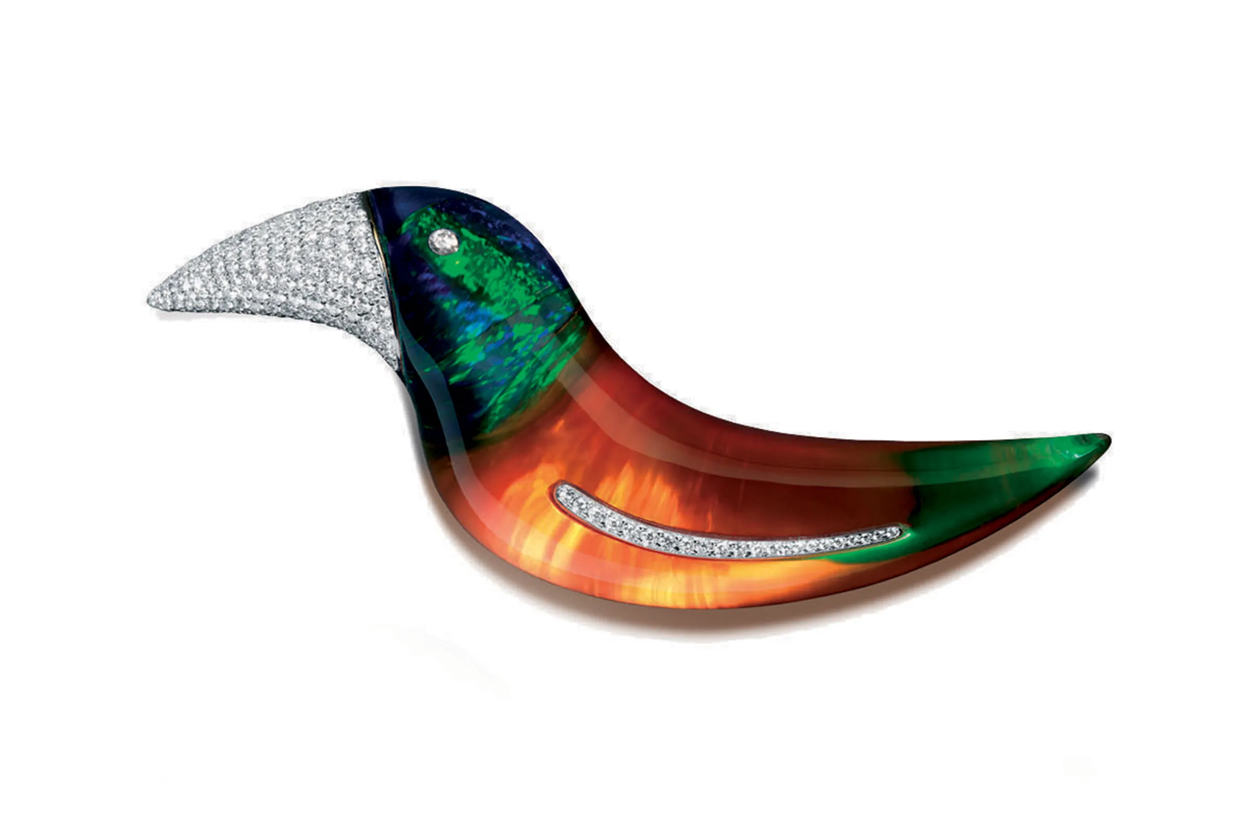 Tucano brooch in jade, opal and cornelian.