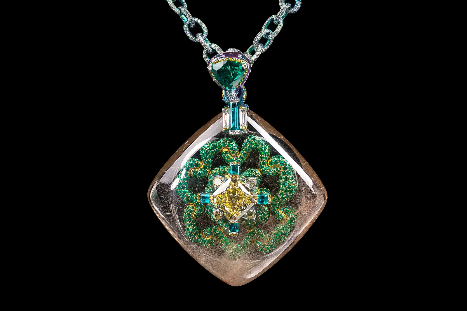 <p>Wallace Chan ‘Secret Abyss’ necklace with 10.05ct yellow diamond, 1,111 emerald, amethysts, and a 211.74ct rutilated quartz in titanium</p>

