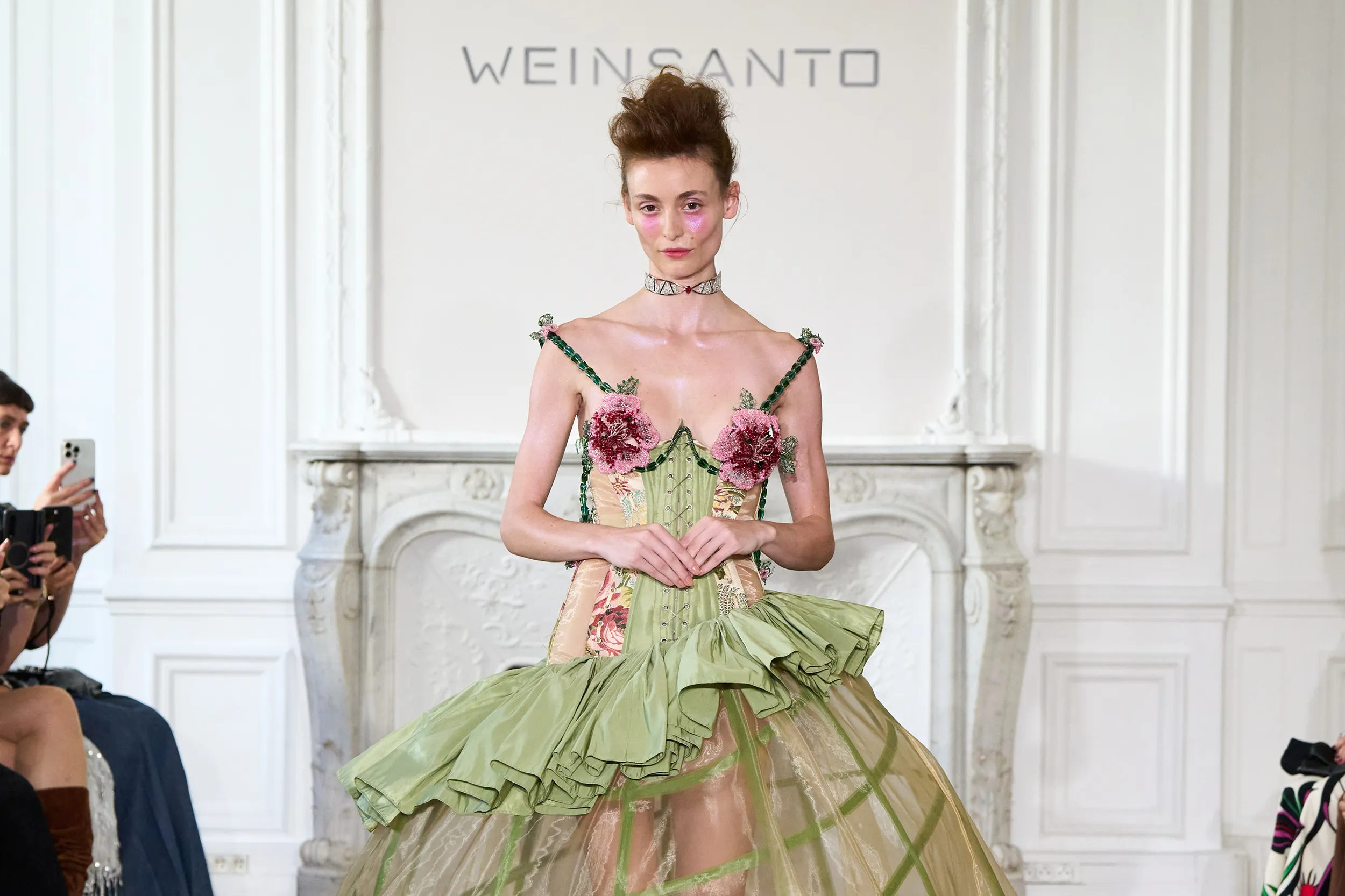 <p>The model wears a Van Der Bauwede Lace & Diamond high jewellery choker, set with a pear shape ruby</p>