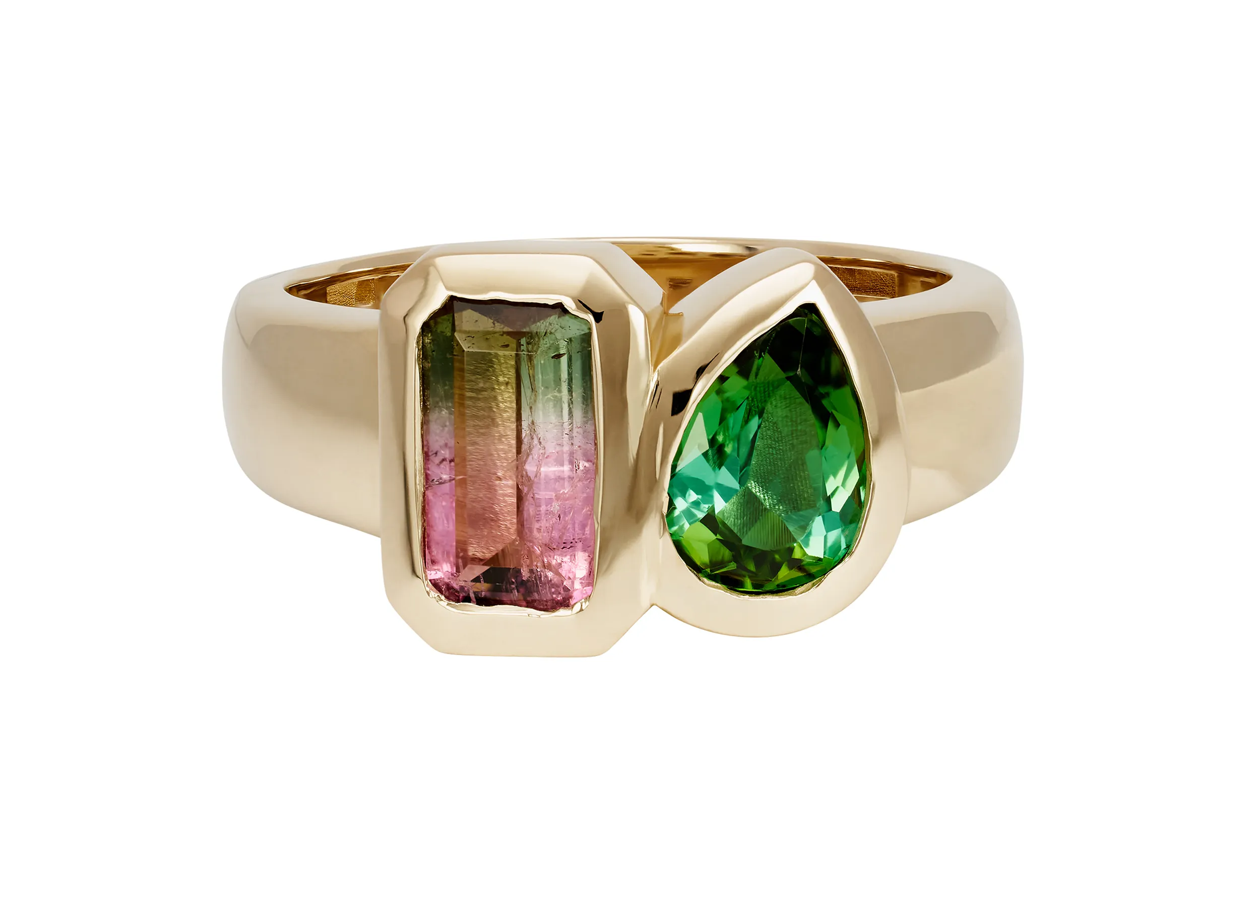 <p>Jacquie Aiche Teardrop ring, set with a watermelon tourmaline and green tourmaline</p>
