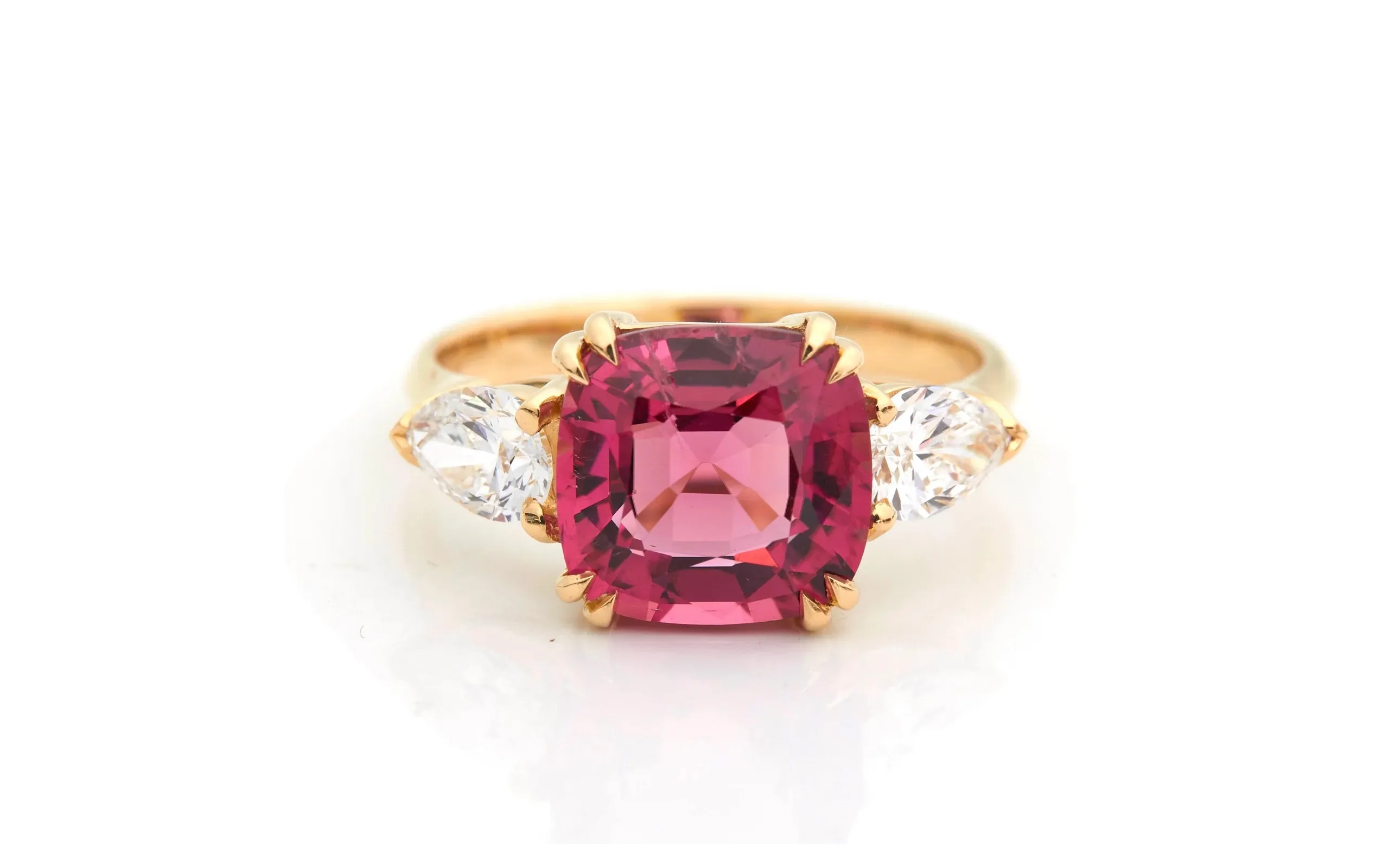 <p>Yi Collection Eternal engagement ring, set with a 3.23 carat cushion cut raspberry tourmaline and diamonds in 18K yellow gold</p>

