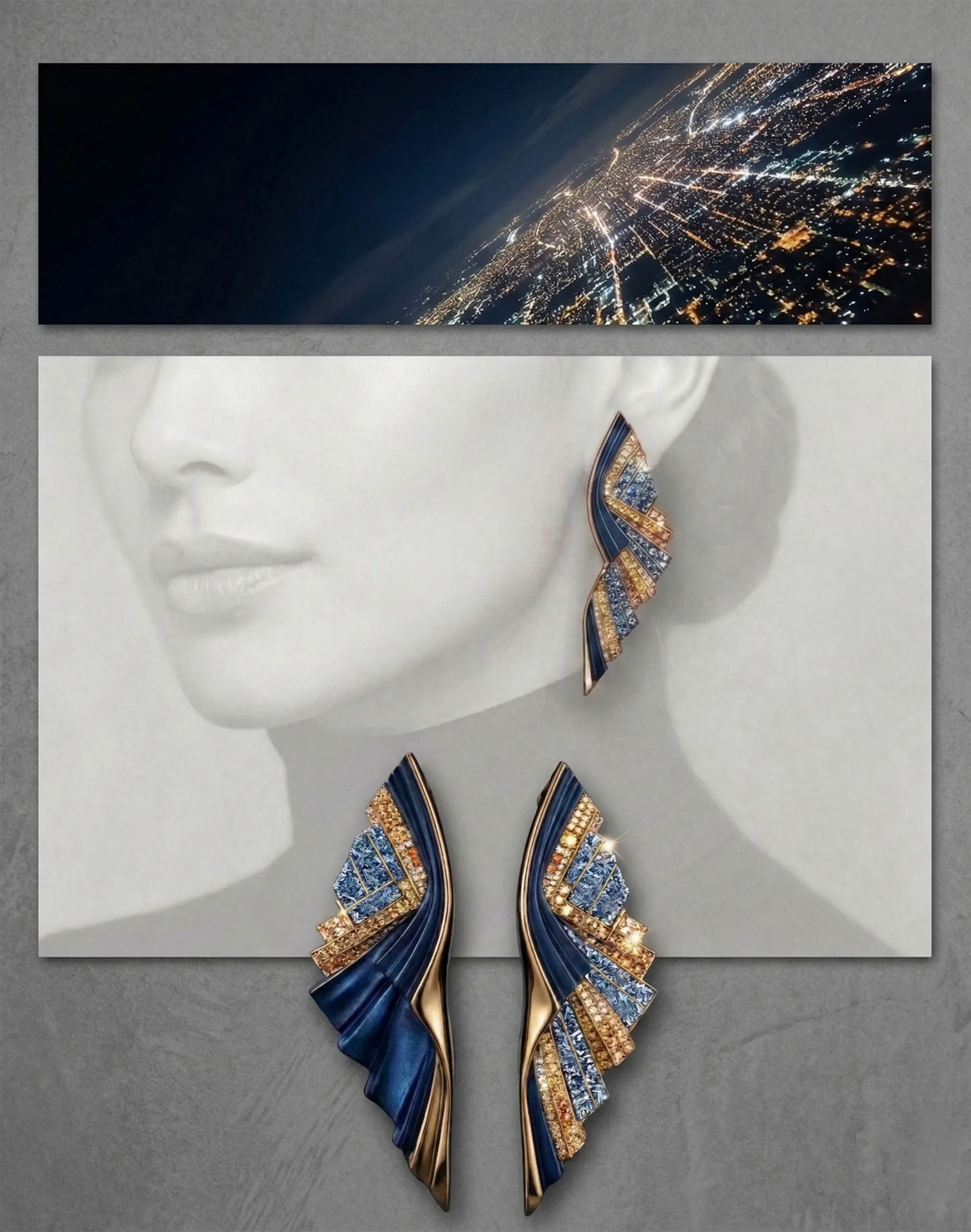 The earring design features waves of osmium, yellow sapphire and blue titanium in an asymmetric layout