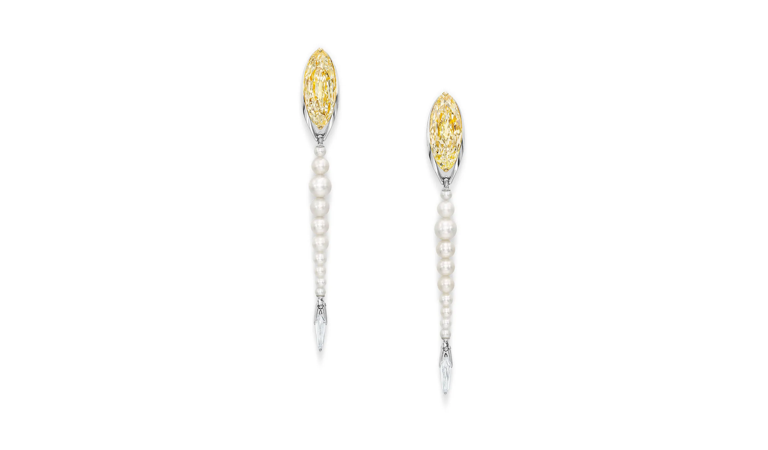 <p>FORMS Jewellery diamond and natural pearl pendant earrings in 18K white gold, set with 5.07ct and 5.11ct diamonds, 0.77ct additional diamonds and 12.44ct natural pearls</p>
