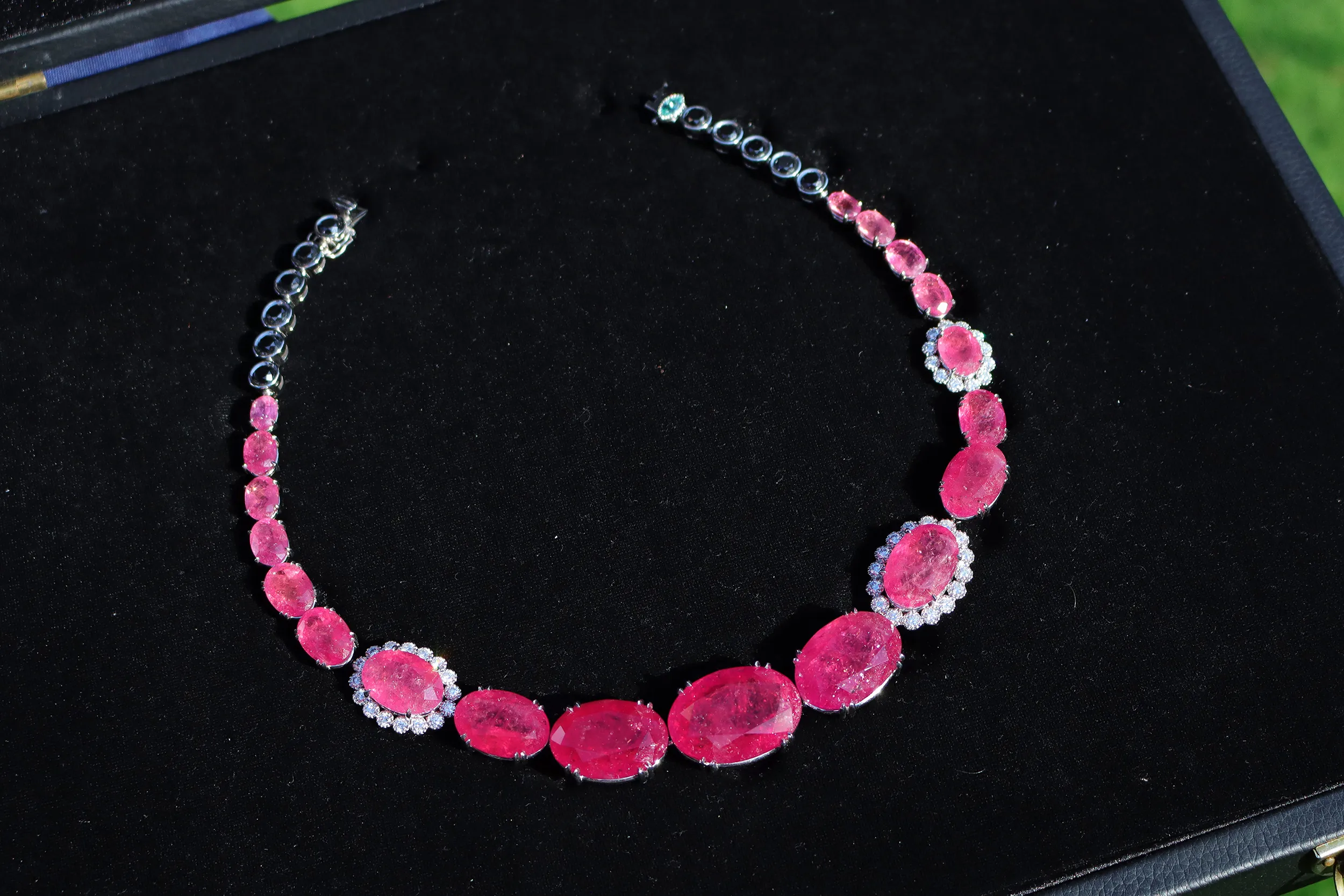 <p>The necklace is set with 313.46ct of Pezzottaite, an exceedingly rare pink gemstone from the beryl family. Discovered in 2002 in Madagascar, the mine has been exhausted for more than two decades</p>
