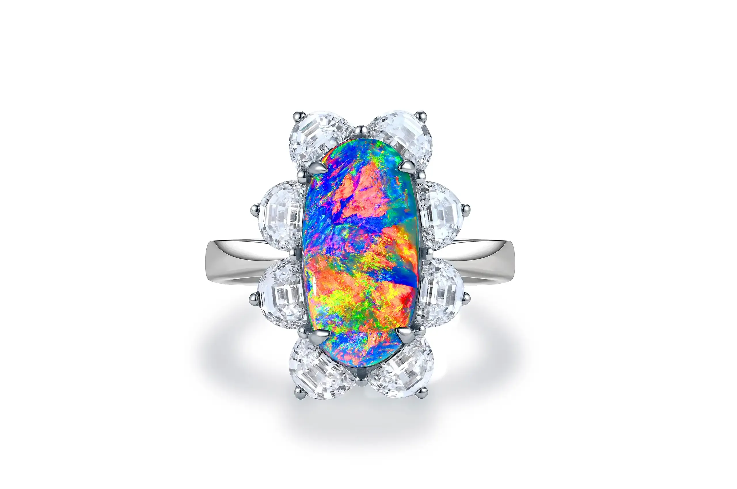 Olivia Chan Blooming Fire black opal ring with a 4.83 carat Australian black opal and brilliant-cut diamonds set in 18k white gold 