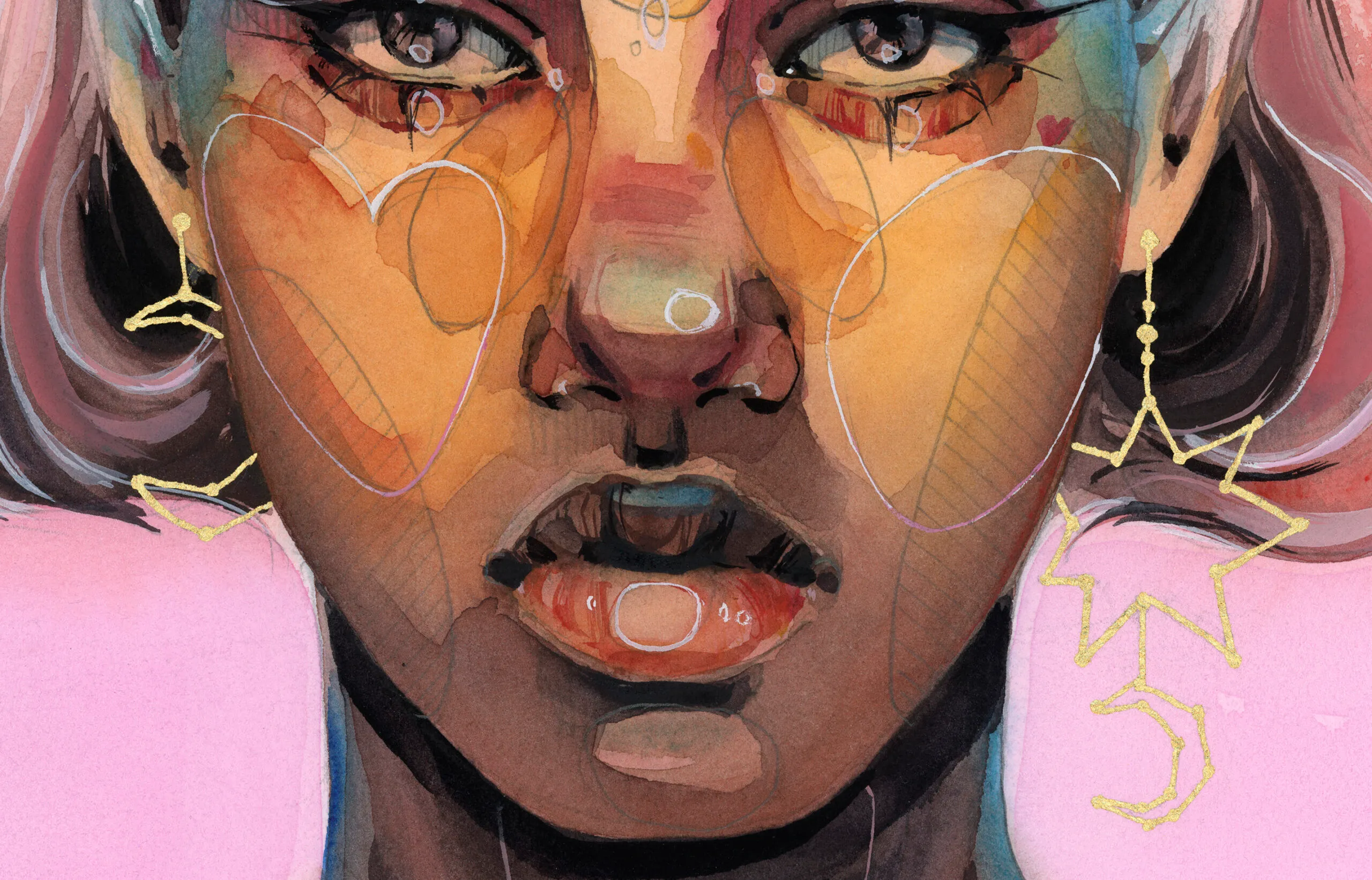 <p>Celestial-inspired earrings play a role in this watercolour portrait by artist Polina Bright</p>