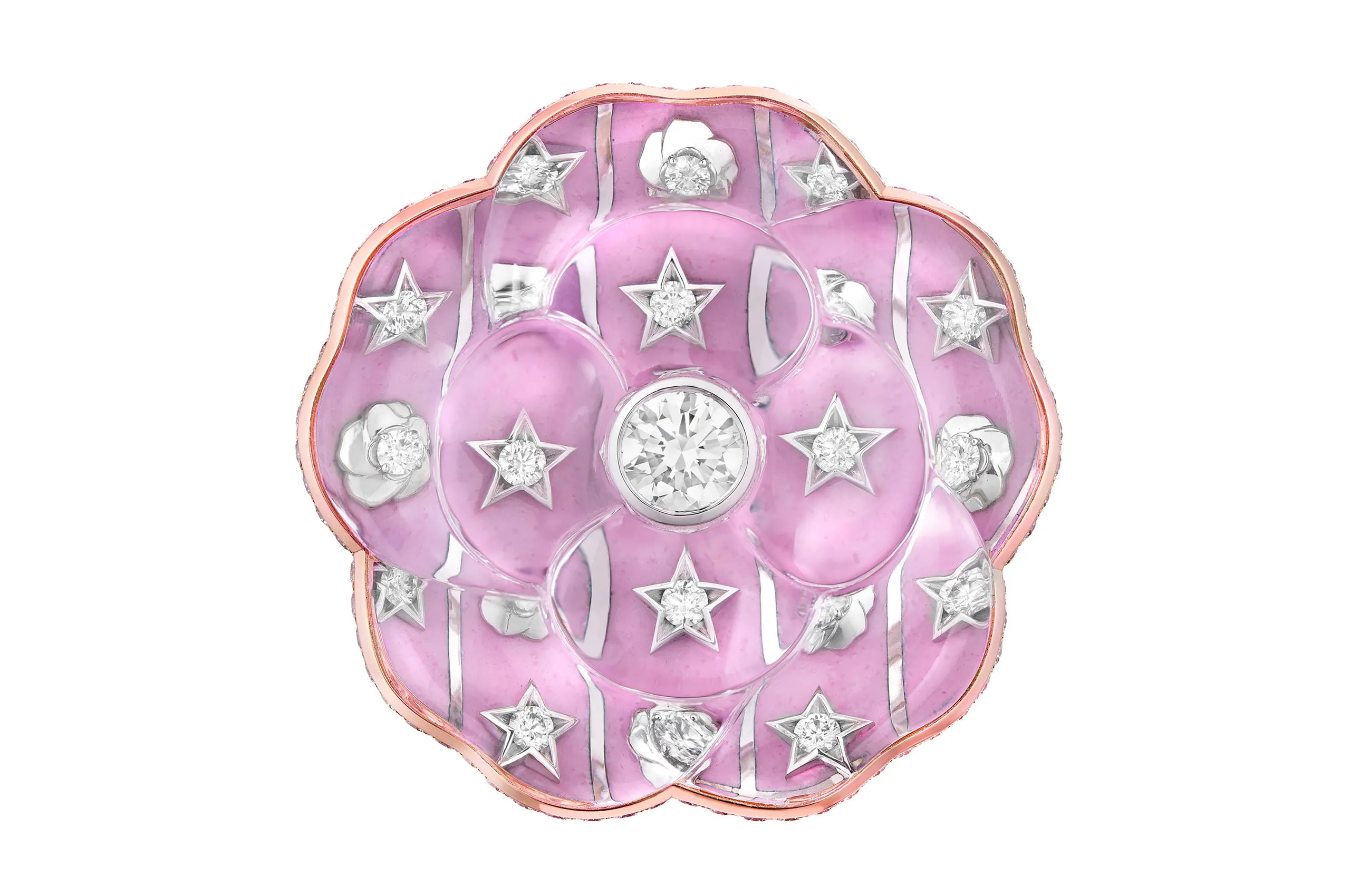 Chanel Symbole Camélia rose brooch in white gold and rose gold, set with diamonds, rock crystal and enamel