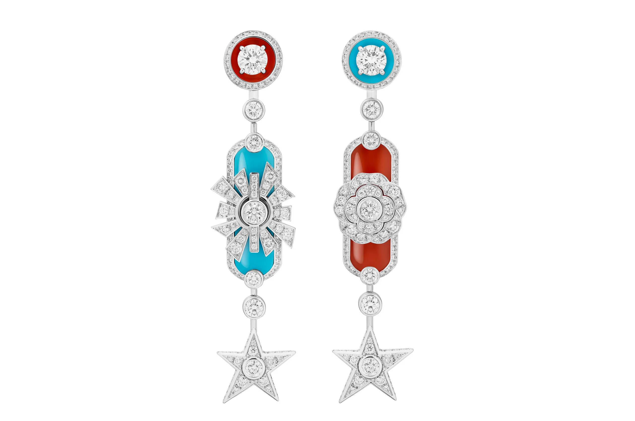 Chanel Talisman Gabrielle earrings in white gold, set with diamonds, turquoise and carnelian