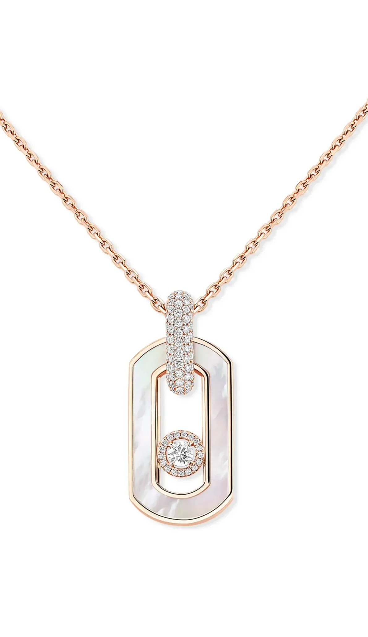 So Move Colour necklace in white mother of pearl and 18 carat rose gold, introducing a softer, more luminous expression of the collection’s graphic design.