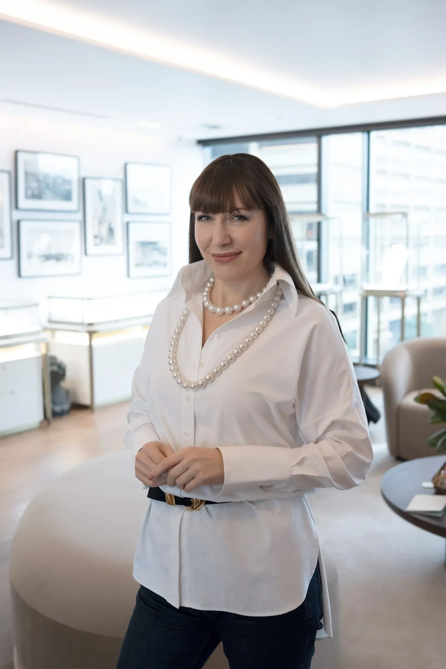 Katerina wearing two exceptional AUTORE South Sea pearl strands, years in the making as pearls of matching size, colour and lustre are painstakingly sourced and selected