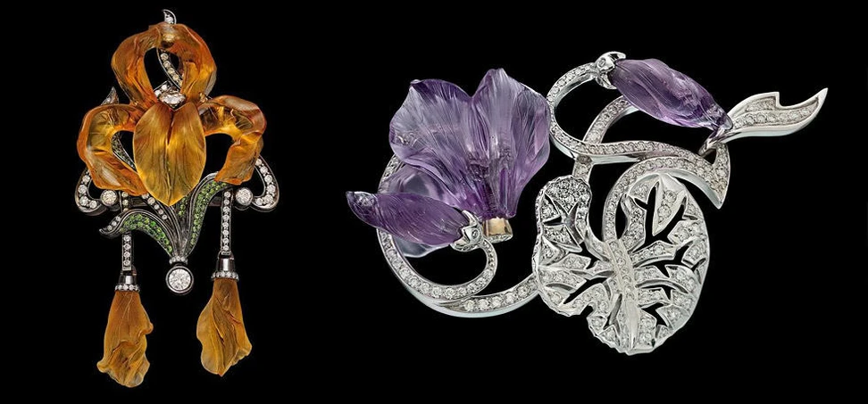 <p>Ekaterina Kostrigina carved gemstones and diamonds pendant and brooch with diamonds</p>