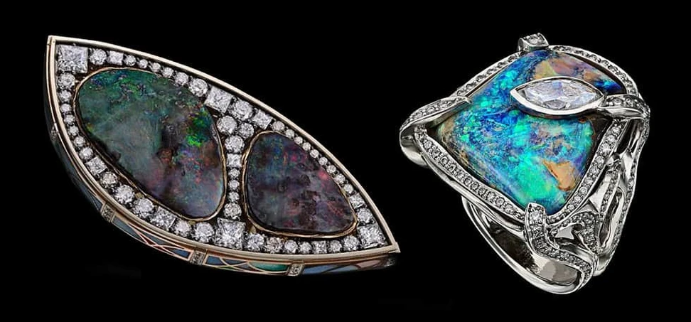 <p>Ekaterina Kostrigina opal brooch and ring with diamonds</p>