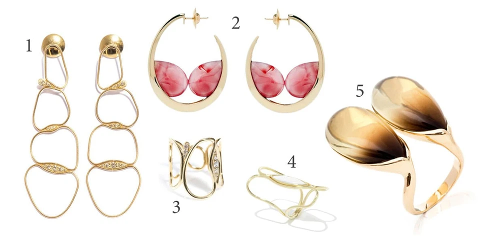 <p>1. Fluid Earrings in 18K Yellow gold and Diamonds 2. Cheeky Earrings in 18K Yellow gold and Rhodocrosite 3. Fluid Ring in Yellow Gold and Diamonds 4. Fluid Chain ring in Yellow Gold 5. Cheeky Collection Ring with Quartz</p>