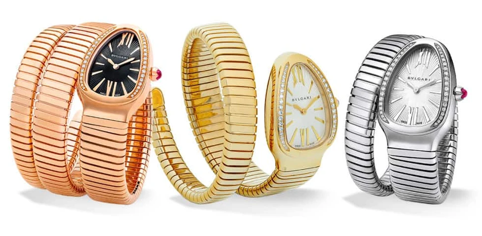 <p>Bulgari Serpenti Tubogas watches in pink, yellow and white gold and diamonds</p>