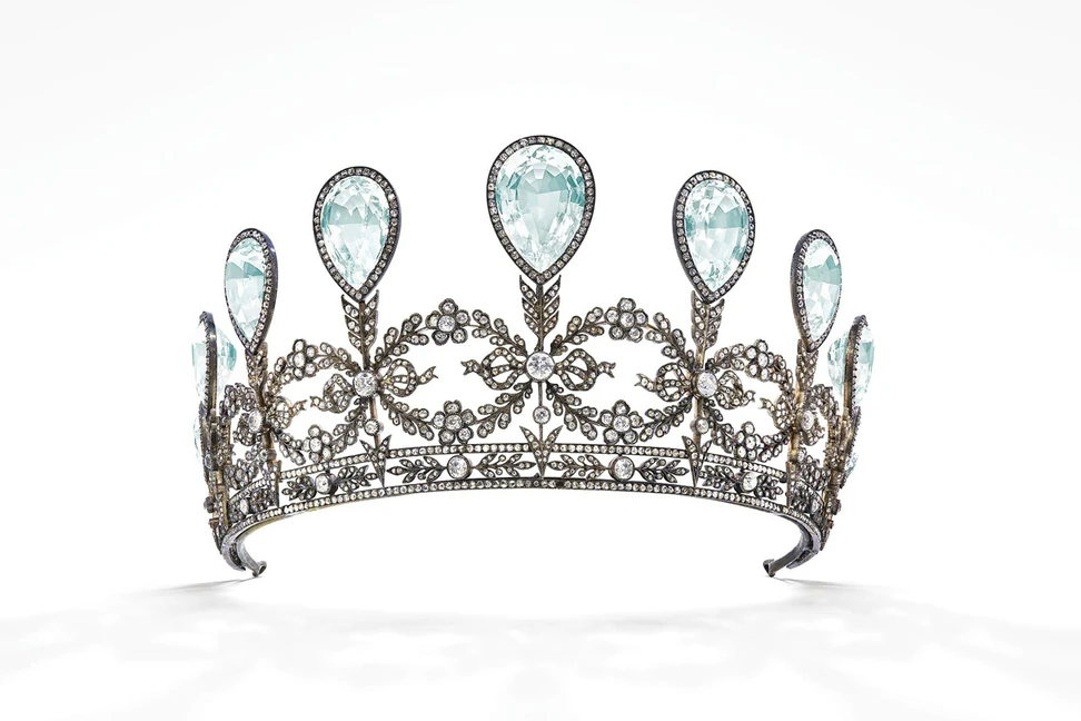 <p>1904 Fabergé tiara with nine graduating pear cut aquamarines and diamonds</p>