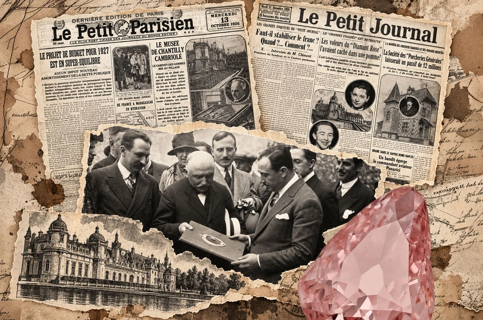 A collage of archival newspaper front pages reporting on the 1926 Chantilly diamond theft, with a photograph documenting the Grand Condé diamond’s return to the château’s collections in 1928
