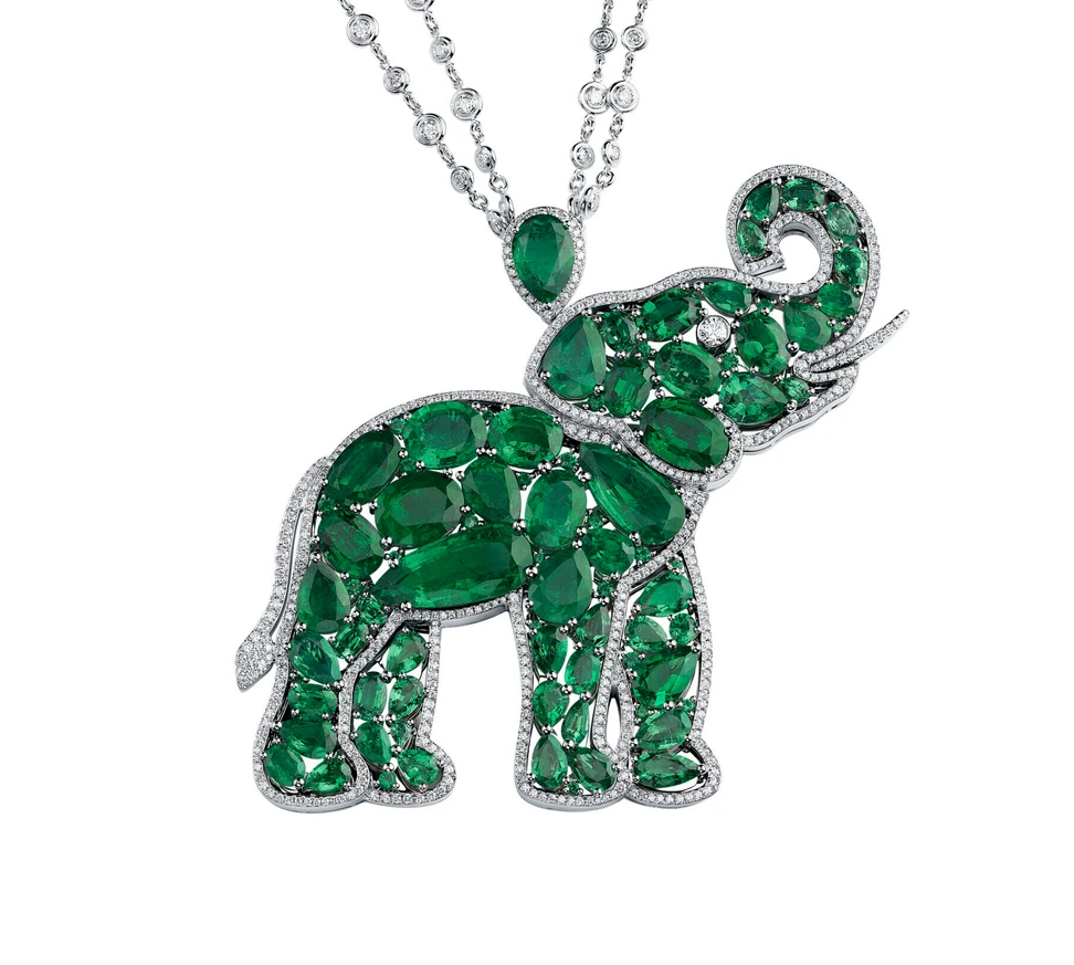 <p>Elephant pendant from Chopard’s Insofu collection, set with 24.97 carats of pear-shaped emeralds and 21.75 carats of oval emeralds, accented with brilliant-cut emeralds and diamonds</p>
