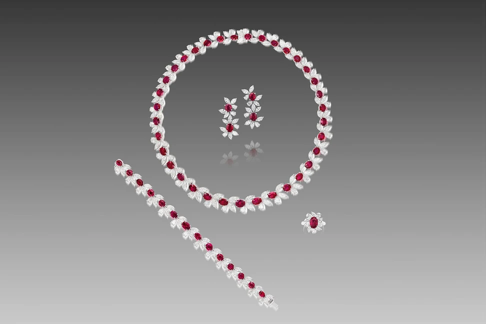 <p>A Burmese ruby and diamond necklace, bracelet, ring and earring set owned by a prominent Middle Eastern collector, which will be sold by Phillips Hong Kong in November 2021</p>