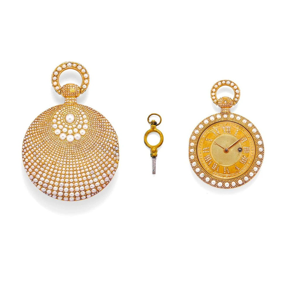 <p>A gold and seed pearl set key wind open face pocket watch, likely Bautte & Moynier à Genève, owned by an Italian family and due to be sold by Bonhams Paris in November 2021</p>