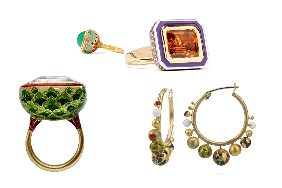<p>A selection of Alice Cicolini champléve enamel jewellery with gemstones in yellow gold</p>