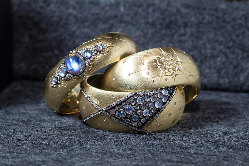 <p>A trio of cuff bracelets from Adam Foster’s Constellation Collection with diamonds and moonstones</p>