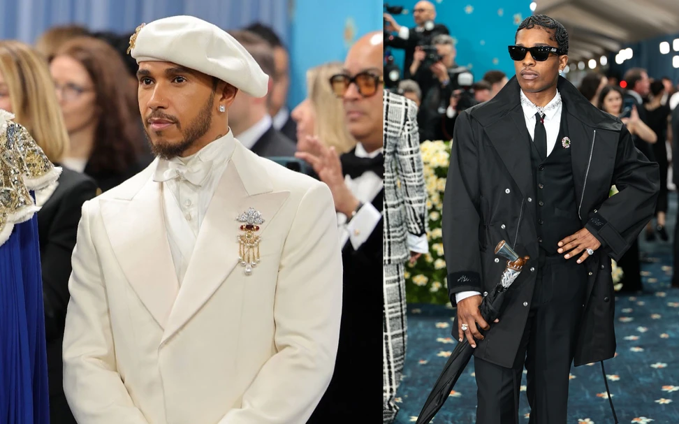 <p>Formula One driver Lewis Hamilton, left, wore brooches pinned to both his lapel and hat, while A$AP Rocky chose a Bvlgari High Jewellery brooch and necklace, accessorised with a diamond-encrusted umbrella</p>