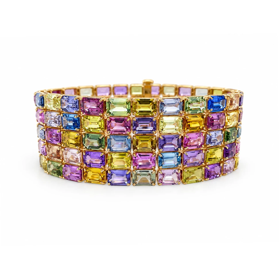 Eleven months of sourcing went into Bayco’s multicoloured sapphire bracelet, comprising 120 emerald-cut stones selected for their clarity, saturation and beautifully balanced spectrum of hues