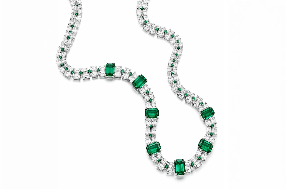 The exceptional matching of Colombian emeralds and emerald-cut diamonds gives Bayco’s double-row necklace its striking sense of symmetry