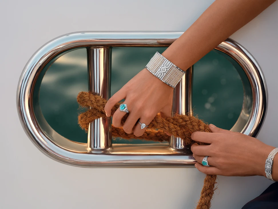 <p>Two high jewellery rings from Al Zain’s Arab Deco collection, each designed around an extraordinary Paraiba tourmaline, one oval, the other cushion cut</p>