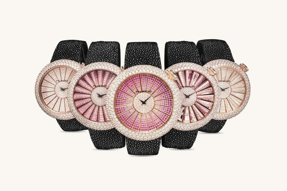 <p>Alter watch by Palmiero, featuring white diamonds and pink sapphires on rose gold</p>