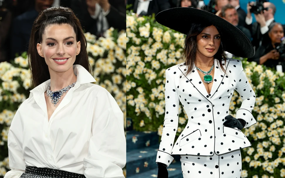 <p>Anne Hathaway and Priyanka Chopra Jonas gave a sneak preview of Bvlgari’s new Polychroma High Jewellery collection wearing the Cosmic Vault necklace, set with a 123-carat sugarloaf sapphire, and the The Magnus Emerald necklace, showcasing a 241-carat octagonal-shaped emerald</p>