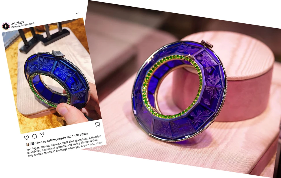 <p>Antique cobalt glass and tsavorites bangle by Ninotchka</p>