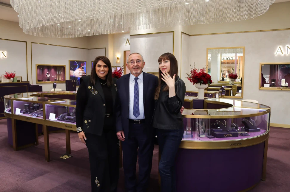 ANTON Jewellery creative director Sesil Arzadian with her father and Katerina Perez at the family-run jeweller’s flagship boutique in Melbourne