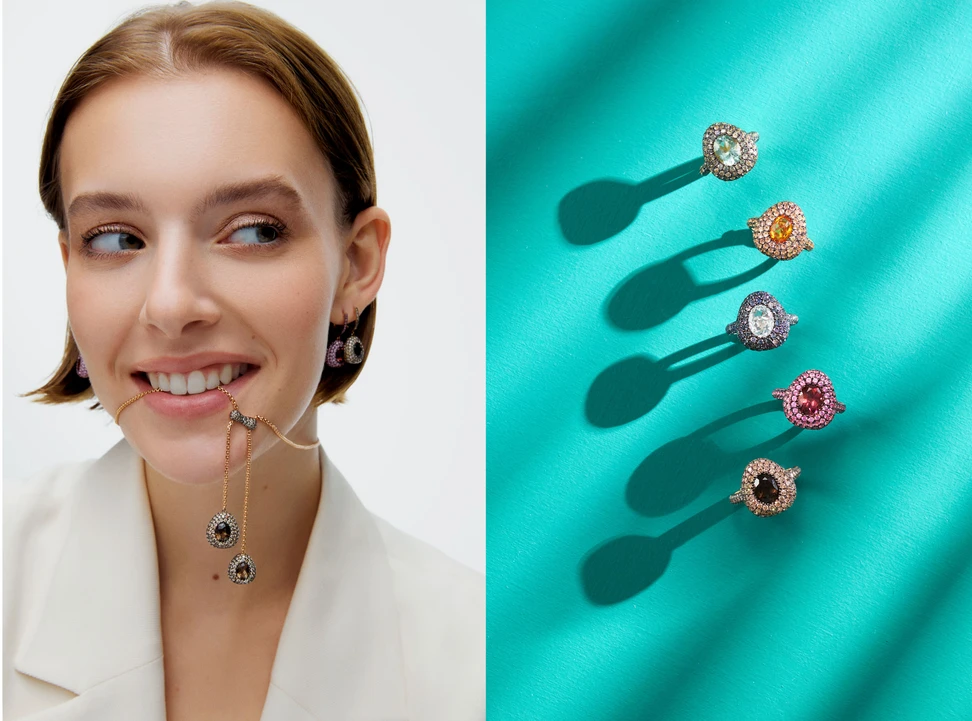<p>A model wears the Aponine Double Pebble necklace from the Pebble Gem collection, set with a 2.68 carat smoky quartz and 3.57 carats of champagne diamonds, shown here alongside Pebble Gem rings set with multi-coloured gemstones</p>
