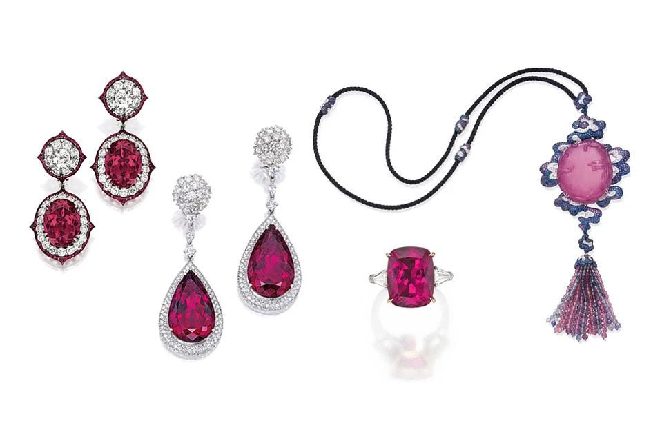 <p>Auctioned jewellery from left to right: IVY New York earrings; Tiffany&Co ring – Sotheby’s; Michelle Ong necklace – Christie’s</p>