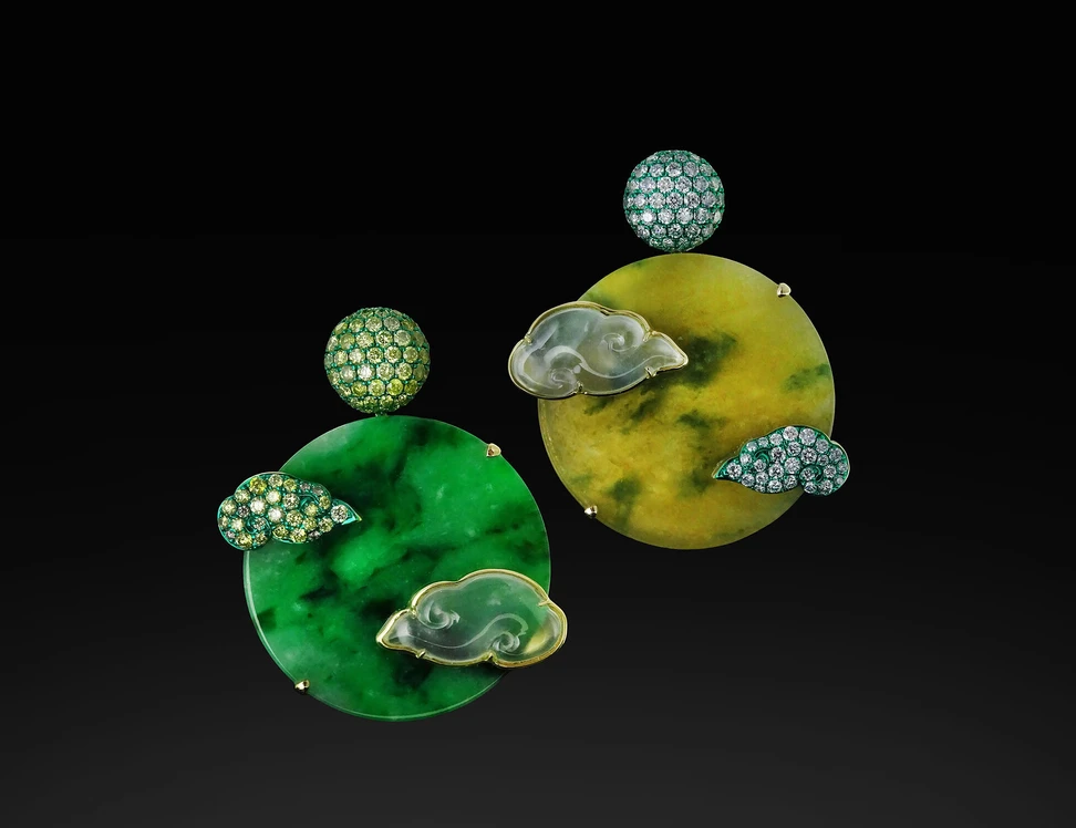 <p>Austy Lee The Dawn earrings from The Jade Dynasty collection with Burmese white, green and yellow jades, fancy yellow diamonds and white diamonds set in 18k yellow gold </p>