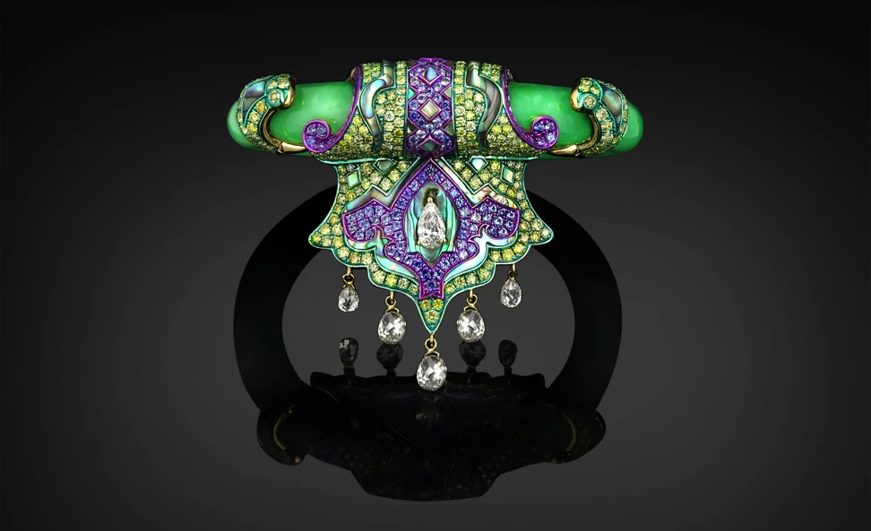 <p>Austy Lee The Baroque’ Princess Sleeves bangle from The Jade Dynasty collection with Burmese green jade, blue sapphires, abalone shells, fancy yellow diamonds and white diamonds set in 18k yellow gold </p>